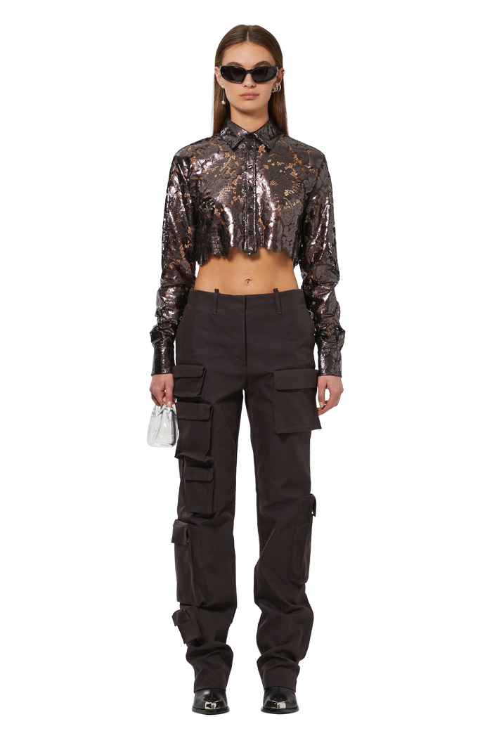 Buy Coperni Lace Cropped Shirt 'Chocolate' - COPCH27014 CHOC | GOAT