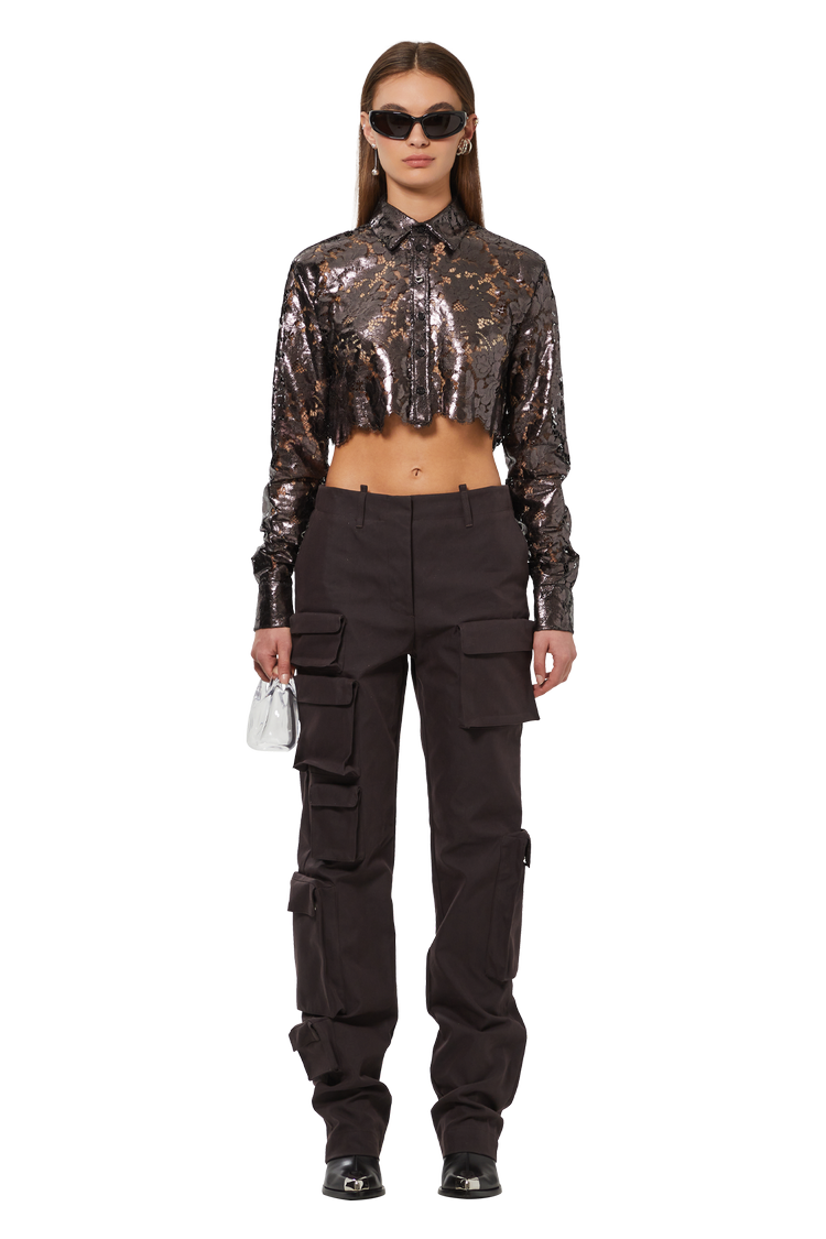 model wearing Coperni Lace Cropped Shirt 'Chocolate'