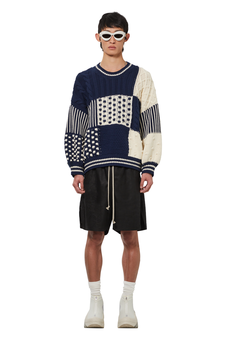 Model wearing Kenzo Mixed Cable Jumper 'Midnight Blue'
