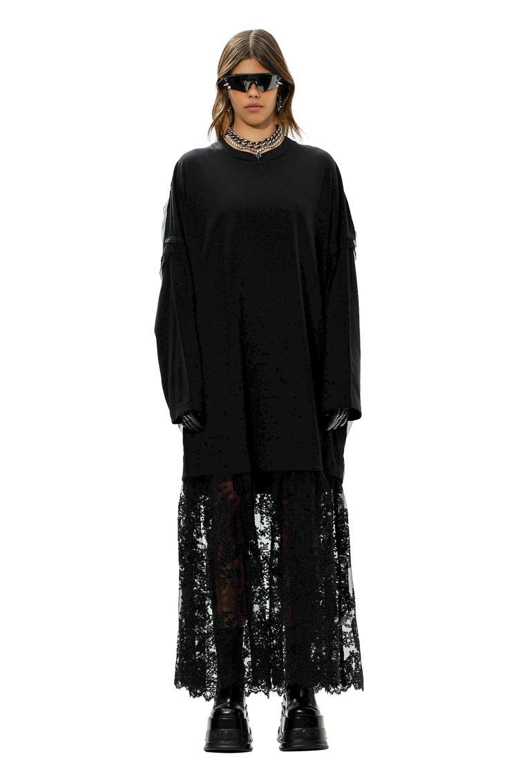 model wearing Simone Rocha Oversized Elongated Sleeve Jersey Dress 'Black'