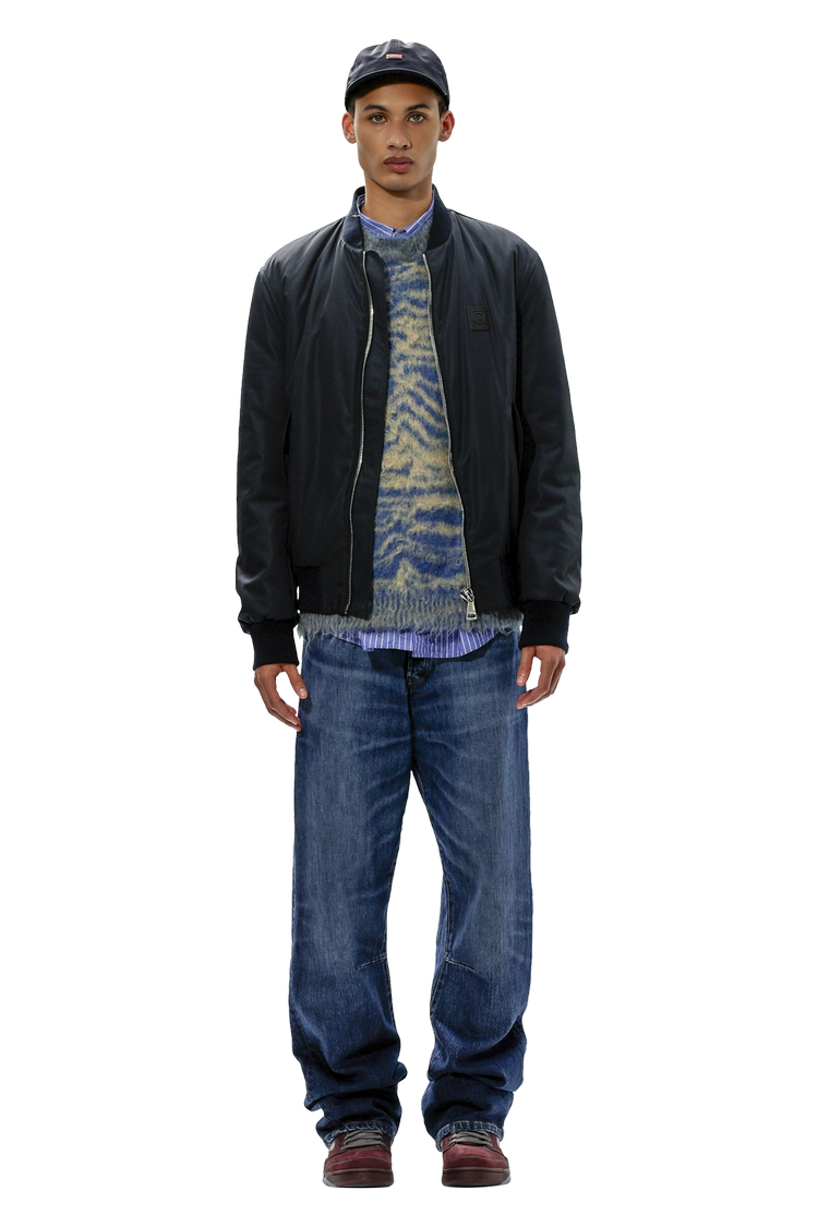 model wearing Acne Studios Crewneck Wool Jumper 'Denim Blue/Dark Beige'