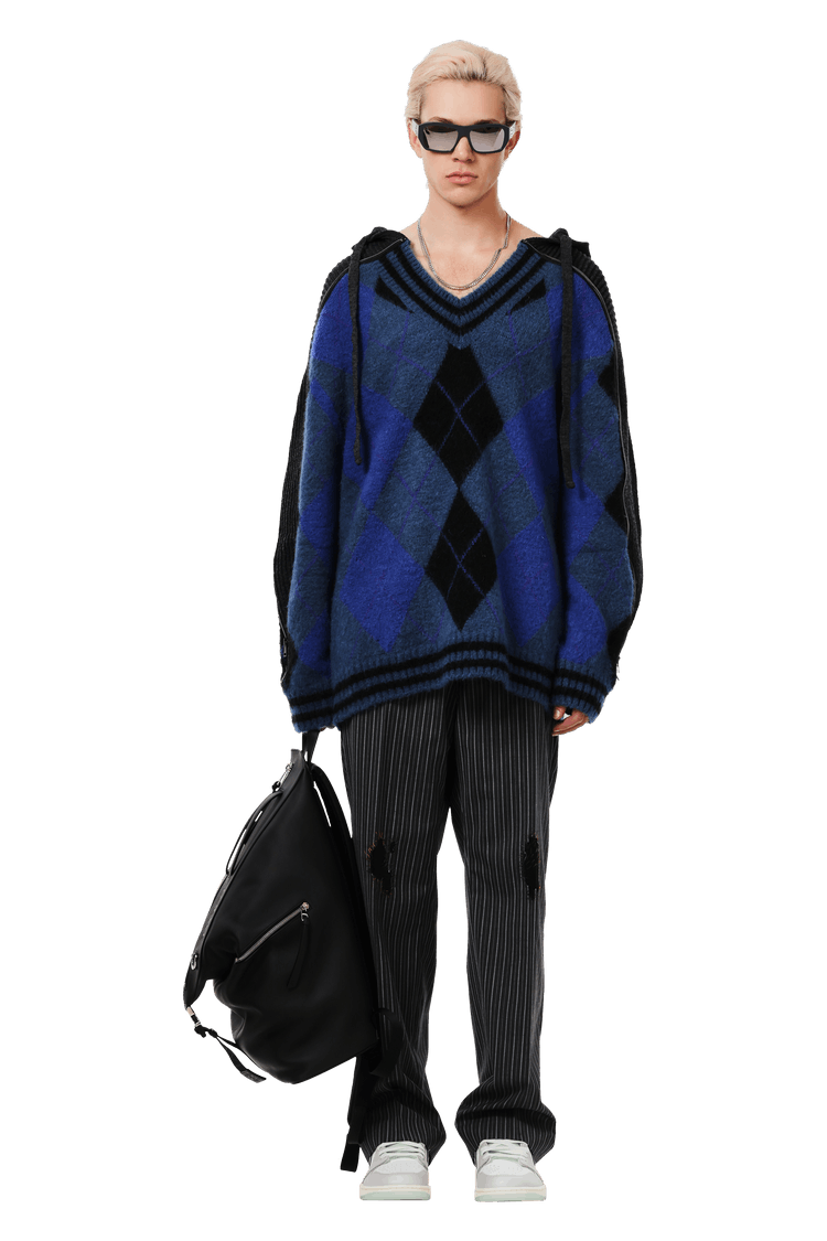 Buy Y/Project Zip Insert Hood Pullover 'Blue/Grey Argyle