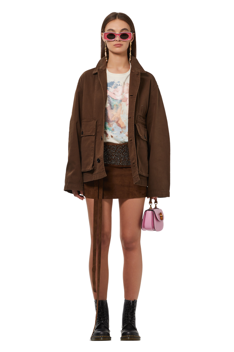 model wearing Saint Laurent Studded Suede Mini Skirt 'Brown'