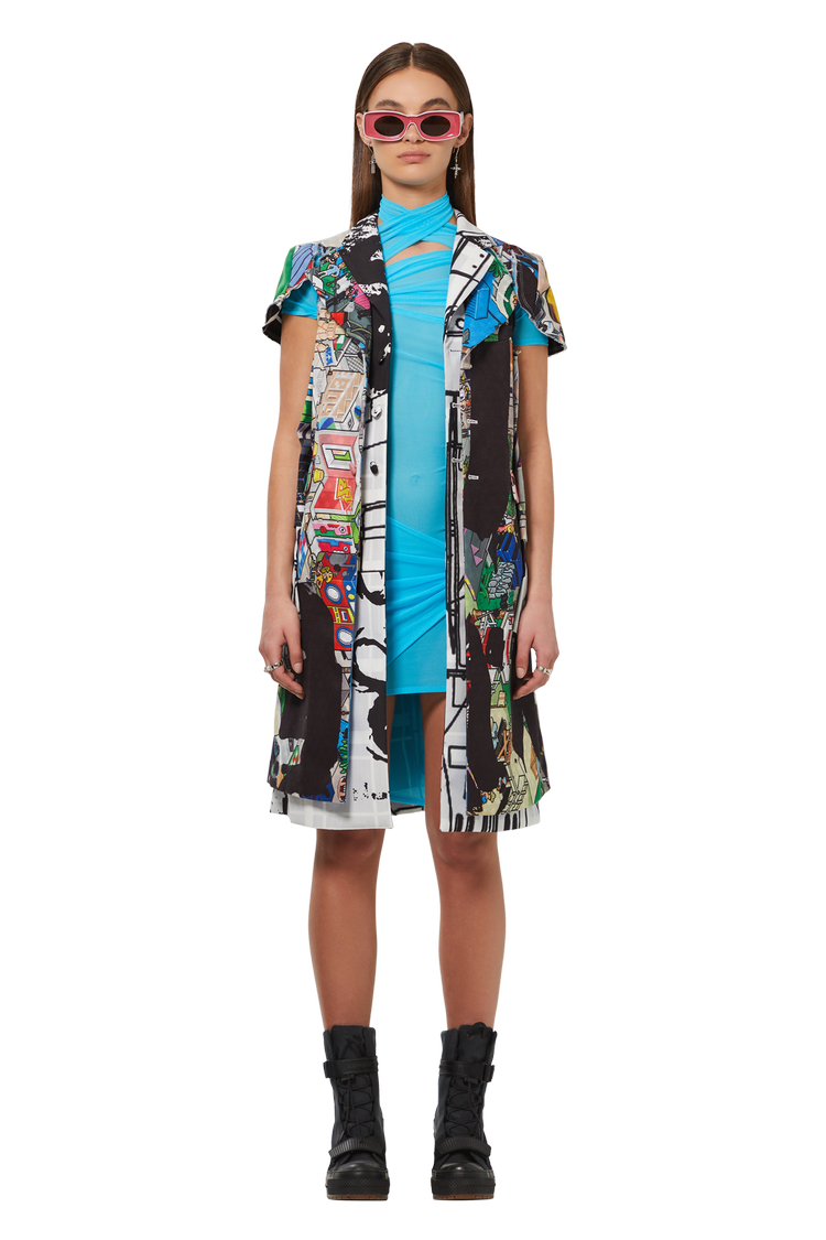 Model wearing Coperni Asymmetric Draped Mesh Dress 'Azur'